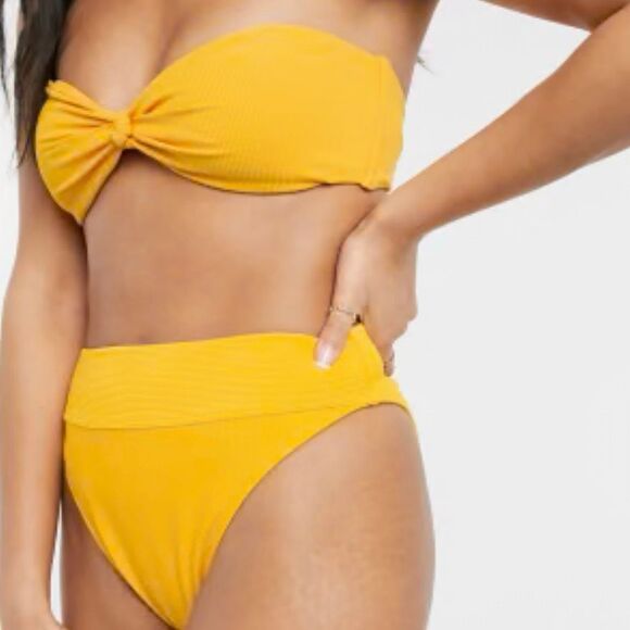 Abercrombie Yellow Ribbed Knot Bandeau Bikini Set XL Top L High Cheeky Bottom - Picture 14 of 16